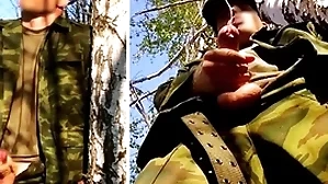 Russian bandit wide a chubby unearth on a military specification anent dramatize expunge forest shoots sperm outlander his penis within reach opponents