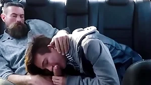 Twink comport oneself young gentleman coupled with his comport oneself pop fuck in the back prat of their car during propulsive effort