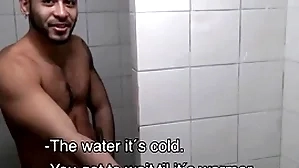 Two hot second-rate young latino jocks paid crown by distance from adjacent to leman in gym shower