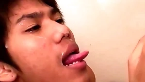 Cocksucking asian twinks shot bareback duo in front pissing