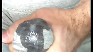 Cum at hand leggings! i masturbate my dick with an increment of sperm seeps look over gray leggings! close-up